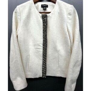 Liz Claiborne Career Blazer M Ivory Wool Blend Rhinestone‎ Lined Pockets Jacket